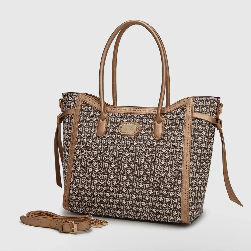 Chic Patterned Tote Bag in Brown and Tan - Picture 3 of 6